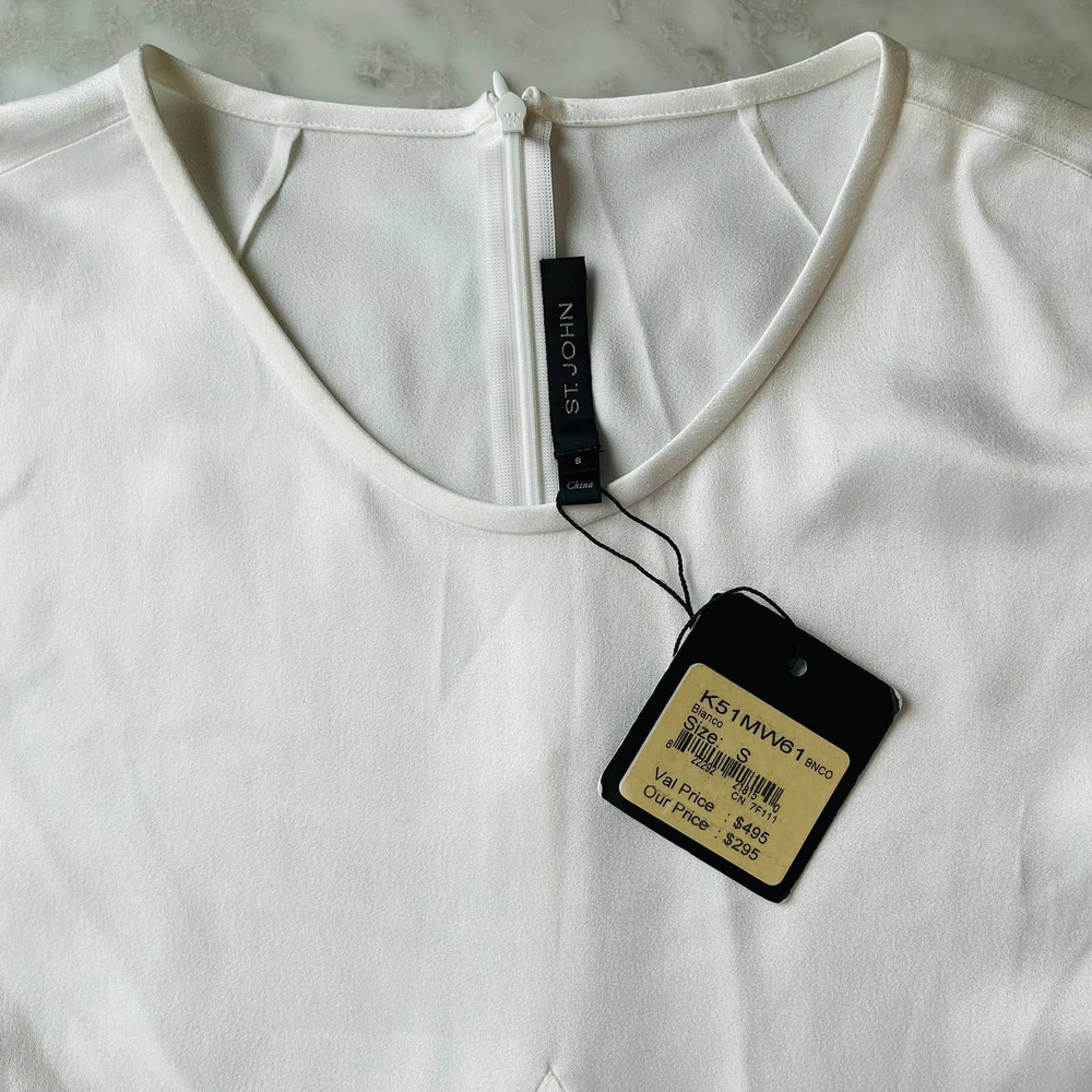 St. John White Sateen Sleeveless Tunic Blouse Swing Small NEW Acetate Viscose - Picture 3 of 6